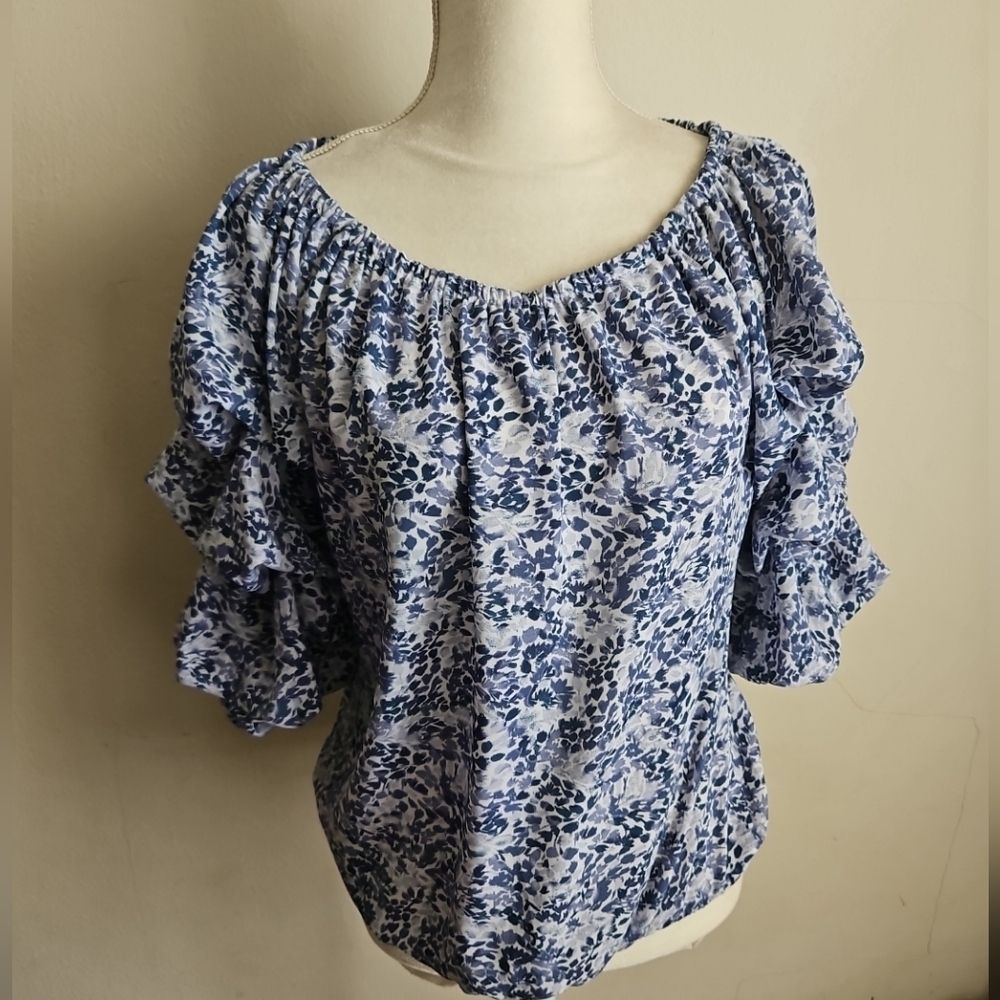 Cece Blue Floral Print Blouse Top Medium
